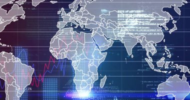 Karanlık arka planda dünya haritasında finansal veri işleme resmi. Küresel finans, iş, bağlantılar, hesaplama ve veri işleme kavramı dijital olarak oluşturuldu.