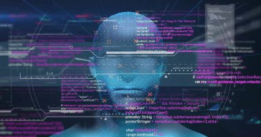 Karanlık arka planda insan kafası üzerinde veri işleme görüntüsü. Küresel bilim, bağlantılar, hesaplama ve veri işleme kavramı dijital olarak oluşturulmuş görüntü.