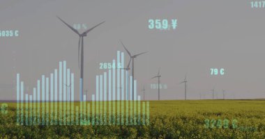 Rüzgar türbinlerinin üzerindeki finansal veri işleme görüntüsü. Küresel çevre, finans, iş dünyası, bağlantılar, hesaplama ve veri işleme kavramı dijital olarak oluşturuldu.