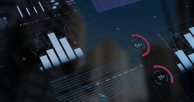 Image of data processing over landscape. Global digital interface technology and connections concept digitally generated image.