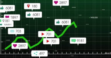 Grafikler üzerinden bildirim çubuklarının resmi ve soyut arkaplana karşı değişen numaralar. Dijital olarak oluşturulmuş, hologram, illüstrasyon, rapor, iş dünyası, büyüme ve sosyal medya anımsatıcı kavramı.