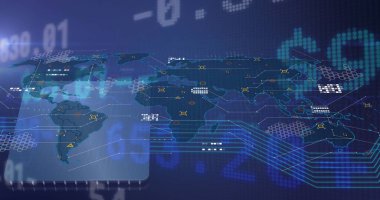 Karanlık arka planda finansal veri işleme resmi. Küresel iş ve veri işleme kavramı dijital olarak oluşturulmuş görüntü.