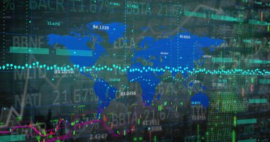 Karanlık arka planda finansal veri işleme resmi. Küresel iş ve veri işleme kavramı dijital olarak oluşturulmuş görüntü.