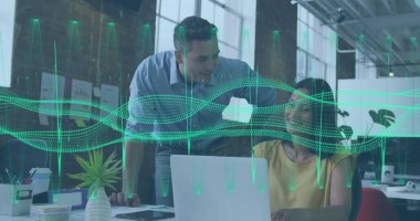 Ofisteki çeşitli iş adamlarının veri işleme görüntüsü. Küresel iş ve dijital arayüz kavramı, dijital olarak oluşturulmuş görüntü.