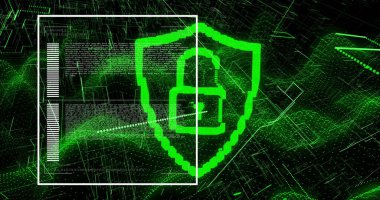 Çevrimiçi güvenlik kilidi, ikili kodlama ve veri işleme görüntüsü. Çevrimiçi güvenlik, hesaplama, dijital arayüz ve veri işleme kavramı dijital olarak oluşturuldu.