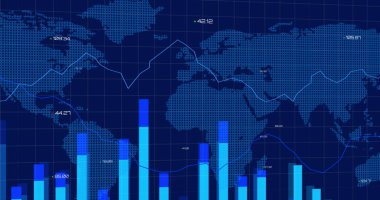 Mavi arkaplandaki dünya haritasında veri işleme ve diyagramının resmi. Dijital çevrimiçi güvenlik arayüzü kavramı dijital olarak oluşturuldu.