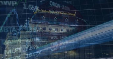 Şehir manzarası üzerinde veri işleme resmi. küresel iş ve dijital arayüz kavramı dijital olarak oluşturulmuş görüntü.