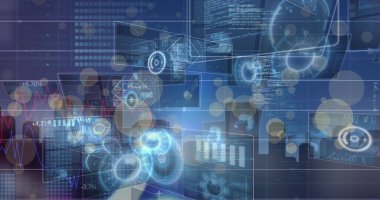 Şehir manzaralı donanma dijital ekranında grafik ve çeşitli veri işleme resimleri. Veri işleme, ağ, dijital ekran ve teknoloji konsepti dijital olarak oluşturulmuş görüntü.