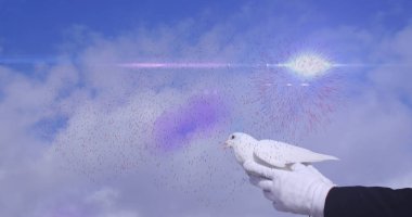 A hand in white glove holds a white dove against a sky with fireworks. Peaceful release of bird coincides with vibrant celebration above clipart