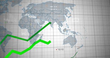 Image of multiple graphs with changing numbers over map against white background. Digitally generated, hologram, illustration, report, business, growth, abstract and global concept. clipart