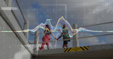 Birden fazla grafik, protez bacaklı Afrikalı Amerikalı bir kadın köprüde bir adamla yürüyor. Dijital kompozit, rapor, iş, ilerleme, çift, birlikte, engellilik, egzersiz, fitness.