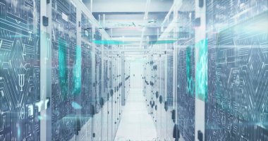 Bilgisayar sunucu odasında insan beyninin dönmesi ve mikro işlemci bağlantılarının görüntüsü. Tıbbi araştırma ve iş veri depolama teknolojisi kavramı