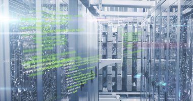 Veri merkezindeki sunucular üzerinden bilgisayar kodu resmi. Teknoloji, kodlama, programlama, dijital, bulut hesaplama, siber güvenlik