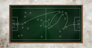 Gri arka planda yeşil tahtada oyun planı resmi. Küresel spor, sağlık ve dijital arayüz kavramı dijital olarak oluşturulmuş görüntü.