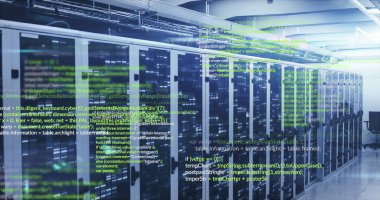 Bilgisayar sunucu odasına karşı veri işleme ve mozaik karelerin resmi. Bilgisayar arayüzü ve iş veri depolama teknolojisi kavramı