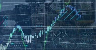 Ortam simgeleri ve minibüs üzerinde veri işleme resmi. Küresel ağ bağlantıları veri işleme teknolojisi ve dijital arayüz konsepti dijital olarak oluşturulmuş resim.