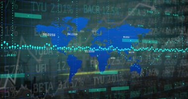 Karanlık arka planda finansal veri işleme resmi. Küresel iş ve veri işleme kavramı dijital olarak oluşturulmuş görüntü.