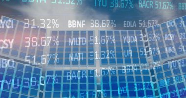 Şehir manzarası üzerinde veri işleme resmi. Dijital olarak oluşturulmuş resim.