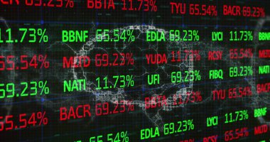 İnsan beyni üzerinde işlenen finansal veri görüntüsü. Küresel iş, finans, hesaplama ve veri işleme kavramı dijital olarak oluşturulmuş görüntü.