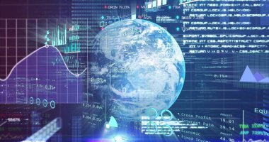 Karanlık arka planda dünya çapında finansal veri işleme görüntüsü. Küresel finans, iş, bağlantılar, hesaplama ve veri işleme kavramı dijital olarak oluşturuldu.