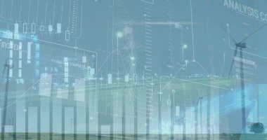 Rüzgar türbinleri ve bağlantı ağı üzerinden veri işleme görüntüsü. Küresel tarım işi dijital arayüz teknolojisi ve dijital olarak üretilen ağ konsepti.