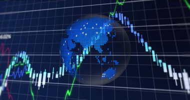 Mavi arkaplanda dönen dünya simgesine karşı şebeke üzerinden finansal veri işleme. küresel ekonomi ve iş kavramı