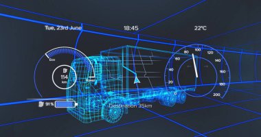 Image of car drawing over woman of image of image spinning on black background. Global transport and digital interface concept digitally generated image. clipart