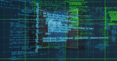 Sunucular üzerinde veri işleme resmi ve siyah arkaplan üzerinde dünya. Küresel teknoloji, bilgisayar ve dijital arayüz kavramı dijital olarak oluşturulmuş görüntü.