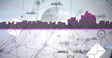 Bağlantı ağları ve şehir manzaralı bir dünya görüntüsü. Küresel bağlantılar, işletme, finans, hesaplama ve veri işleme kavramı dijital olarak oluşturuldu.