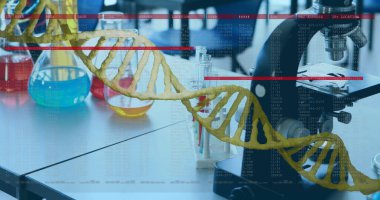 Laboratuvarın üzerinde DNA izi var. Küresel bilim ve dijital arayüz kavramı dijital olarak oluşturulmuş görüntü.