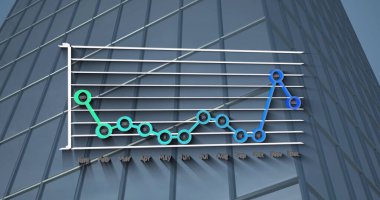 Yüksek binaya karşı istatistiksel veri işlemenin dijital görüntüsü. İş verileri ve analitik teknoloji kavramı