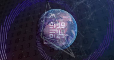 Beyaz arkaplanda qr kodu ve dünya ile bağlantı ağının resmi. Küresel bağlantılar, hesaplama ve dijital arayüz konsepti dijital olarak oluşturuldu.