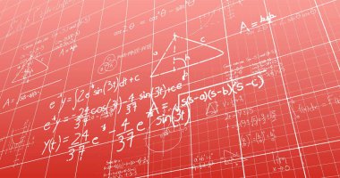 Pembe arkaplana karşı ızgara desenli matematiksel denklemlerin ve diyagramların resmi. Dijital olarak üretilen hologram, denklemler, eğitim, öğrenme, illüstrasyon ve teknoloji kavramı.