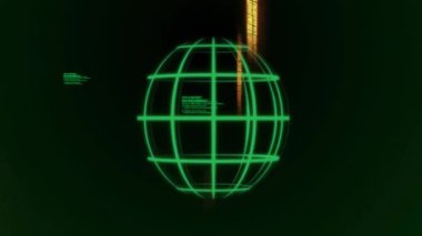 Veri işleme animasyonunun siyah arka planda dünya üzerinde gerçekleşmesi. Teknoloji ve dijital arayüz kavramı dijital olarak oluşturuldu.