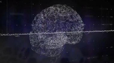 İnsan beyni üzerinde veri işleme animasyonu. Küresel bilim, bağlantılar, hesaplama ve veri işleme kavramı dijital olarak oluşturulmuş video.