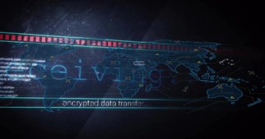 Dünya haritasında kara zemin üzerinde veri işleme animasyonu. teknoloji, bilgisayar ve dijital arayüz kavramı dijital olarak oluşturulmuş video.