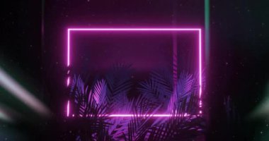 Siyah zemin üzerinde tropikal yapraklar bulunan neon bir çerçeve animasyonu. Şekiller, renkler ve arkaplan konsepti dijital olarak oluşturulmuş video.