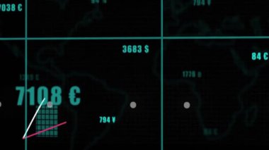 Siyah arkaplan istatistikleri üzerinden dijital veri işleme animasyonu. Dijital olarak oluşturulmuş küresel bağlantılar, hesaplama ve veri işleme kavramı.