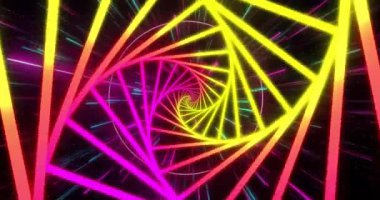 Hareket eden şekillerin üzerindeki neon dijital tünelin animasyonu. Renkler ve desen konsepti dijital olarak oluşturulmuş video.