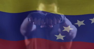 Beyaz erkek boksör üzerinde Venezuela bayrağının canlandırılması. Küresel spor, spor disiplinleri ve bayraklar dijital olarak oluşturulmuş video konsepti.