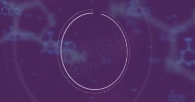 Kimyasal formülün animasyonu ve mor arka planda DNA ipliği. Bilim ve dijital arayüz kavramı dijital olarak oluşturulmuş video.