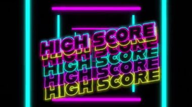 Siyah arkaplanda neon şekiller üzerine yüksek skorlu metin animasyonu. Şekiller, iletişim, renkler ve arka plan konsepti dijital olarak oluşturulmuş video.