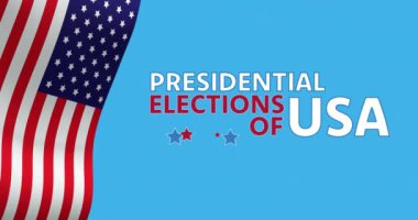 Amerikan metninin başkanlık seçimleri ve mavi üzerine Amerikan bayrağı sallama animasyonu. Amerika, politika, demokrasi, hükümet, seçim ve oylama, dijital olarak oluşturulmuş video.