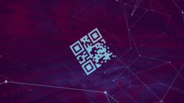 Bağlantı ağı üzerinden qr kod ve veri işleme animasyonu. Dijital olarak oluşturulmuş küresel bağlantılar, hesaplama ve veri işleme kavramı.