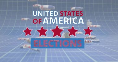 Amerika Birleşik Devletleri seçim animasyonları, düşen Amerikan bayrağı seçim rozetleriyle ilgili. Amerika, politika, demokrasi, hükümet, seçim ve oylama, dijital olarak oluşturulmuş video.
