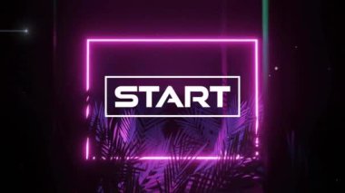 Neon çerçeve ve yaprak desenli arkaplan üzerinde başlangıç metninin canlandırması. Küresel video oyunu, dijital arayüz, iletişim, bilgisayar ve veri işleme kavramı dijital olarak oluşturuldu.