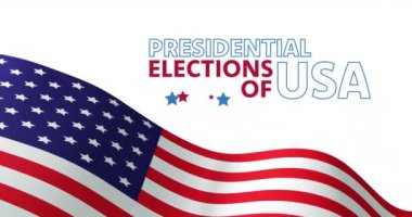 Beyaz üzerine Amerikan bayrağı sallayan ABD metin ve yıldızlarının başkanlık seçimlerinin animasyonu. Amerika, politika, demokrasi, iletişim, hükümet, seçim ve oylama, dijital olarak oluşturulmuş video.