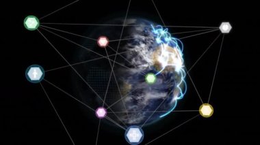 Dünya üzerindeki simgelerle bağlantı ağının animasyonu. Dijital olarak oluşturulmuş küresel bağlantılar, hesaplama ve veri işleme kavramı.