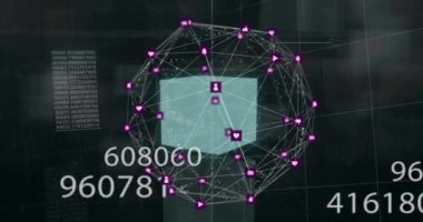 Veri işleme üzerine simgelerle bağlantı ağının animasyonu. Teknoloji ve dijital arayüz kavramı dijital olarak oluşturuldu.