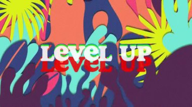 Mor arkaplandaki renkli şekiller üzerinden metin düzeyinin canlandırılması. İletişim, şekiller ve dijital arayüz konsepti dijital olarak oluşturulmuş video.